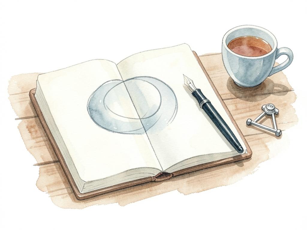 Watercolor of an open notebook with a hand-drawn circle diagram, a pen and a cup of tea.