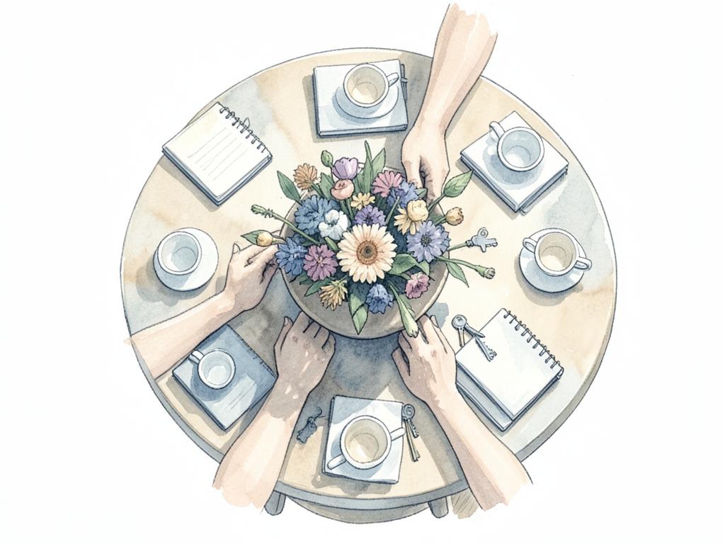 Watercolor view of a round table set for several people around a single centerpiece, standing for a care circle.
