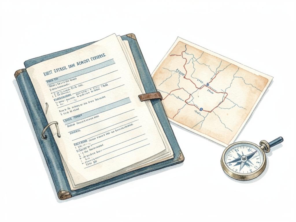Watercolor of an open folder of forms beside a map and a compass, standing for guidance through a system.