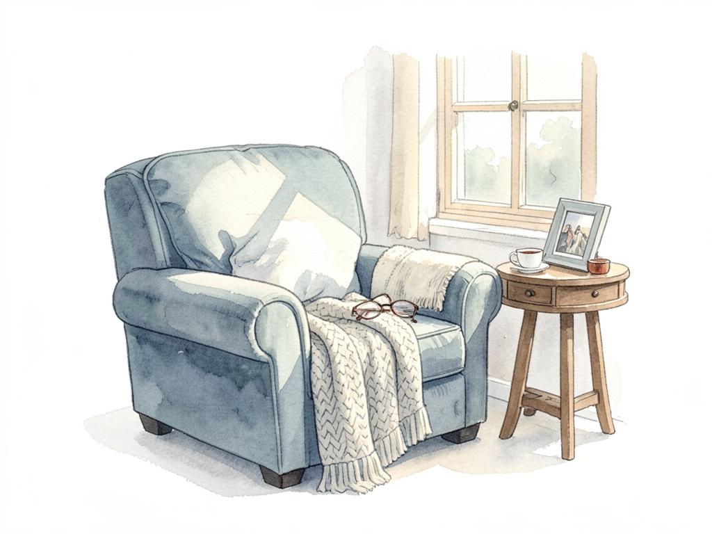 Watercolor of a favorite armchair by a window with a blanket, glasses and tea, standing for life at home.