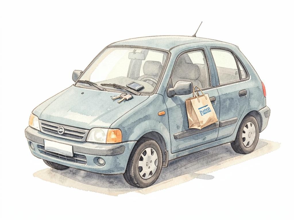 Watercolor of a small car at the curb with a pharmacy bag and keys, standing for errands run for someone.