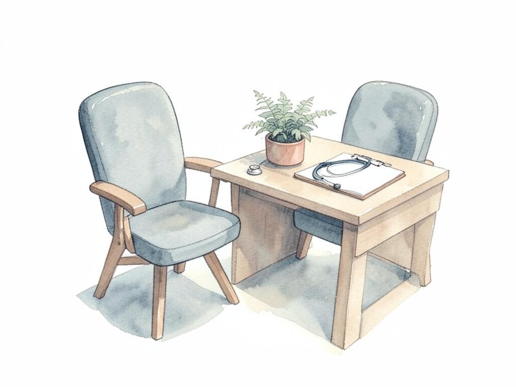 Watercolor of a calm consulting room with two chairs, a stethoscope and a blank clipboard.