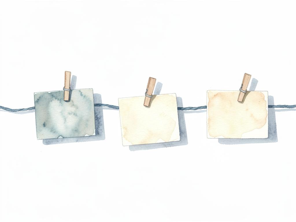 Watercolor of small cards pinned along a single unbroken thread.