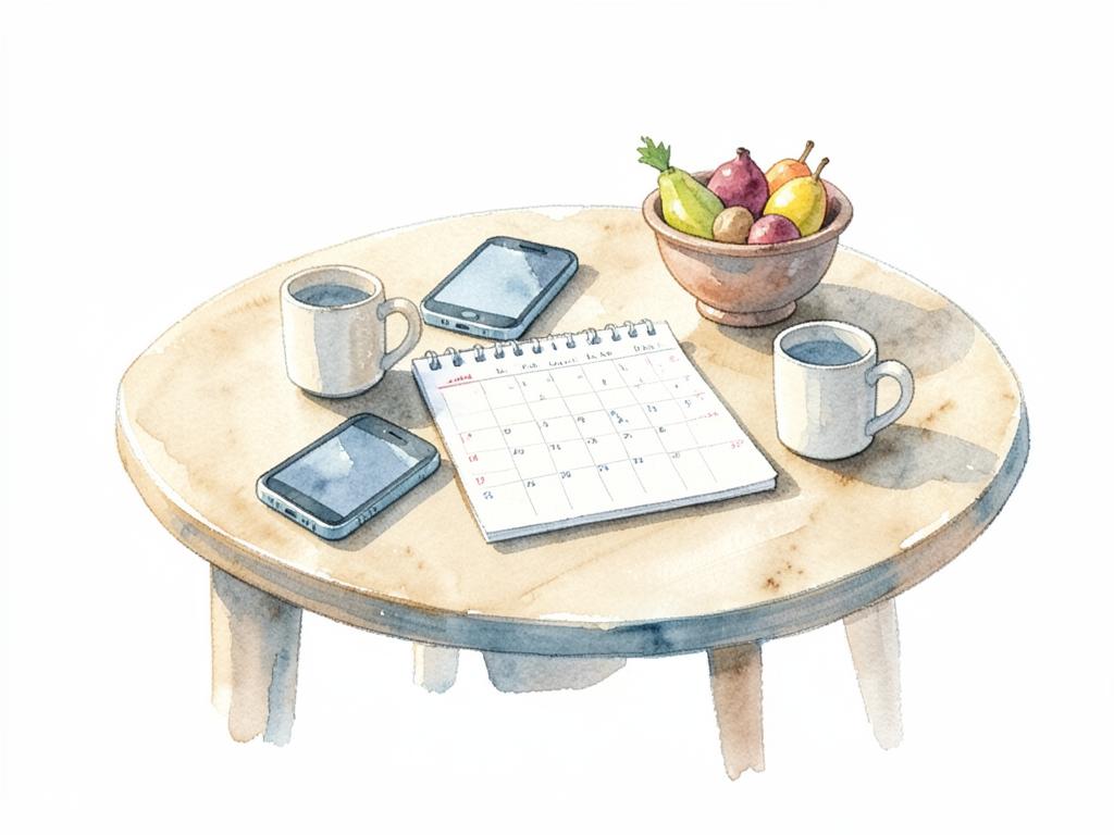 Watercolor of a kitchen table with phones and a shared paper calendar, standing for relatives coordinating.