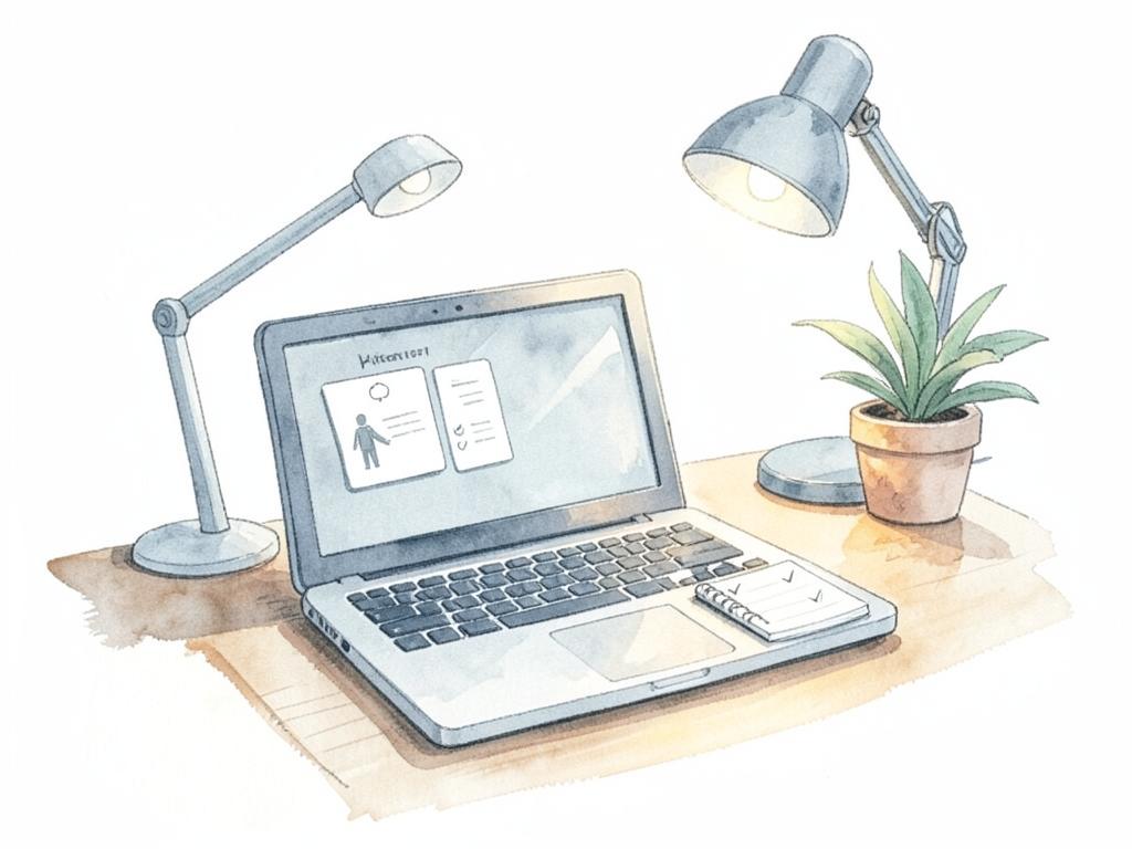 Watercolor of a home desk with a laptop showing simple approval cards and a checked notebook.