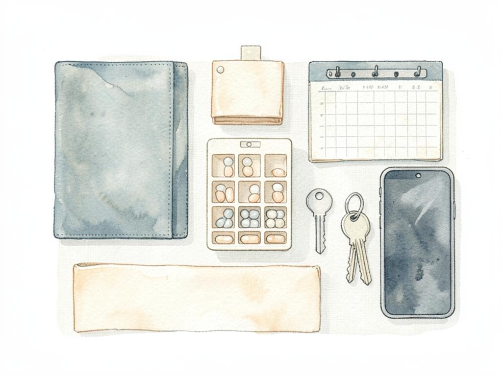 Watercolor of everyday care items laid out in a neat grid: folder, pill organizer, calendar, keys and a phone.
