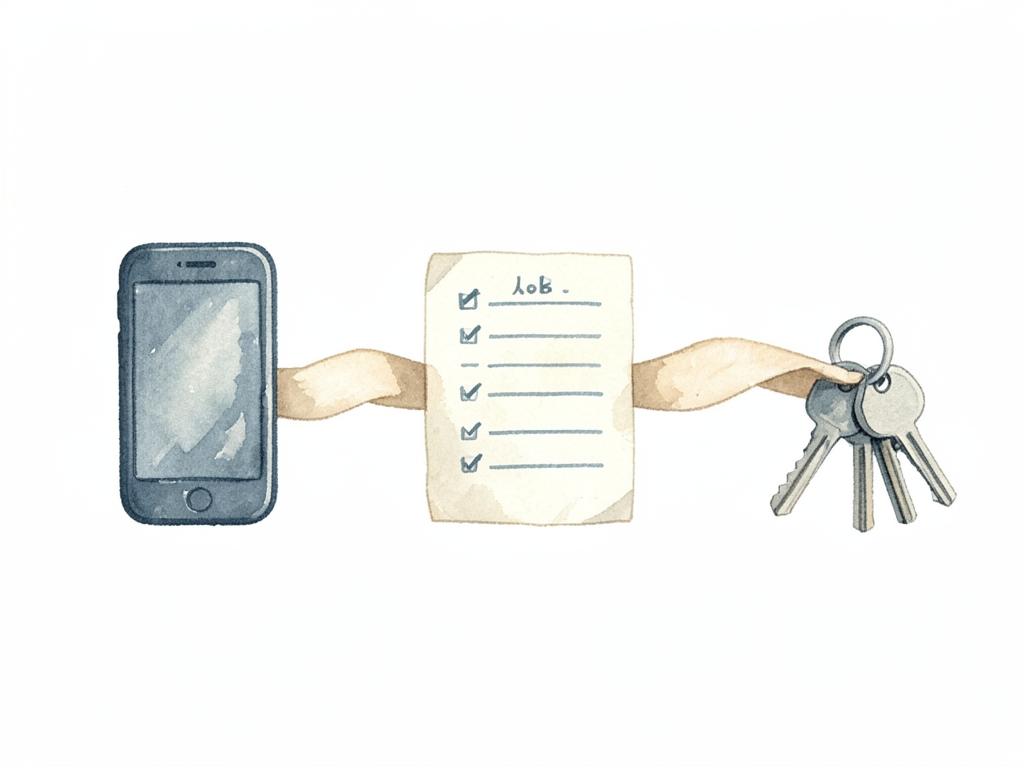 Watercolor of a phone, a checklist and keys joined by a flowing ribbon, standing for a job passed along.