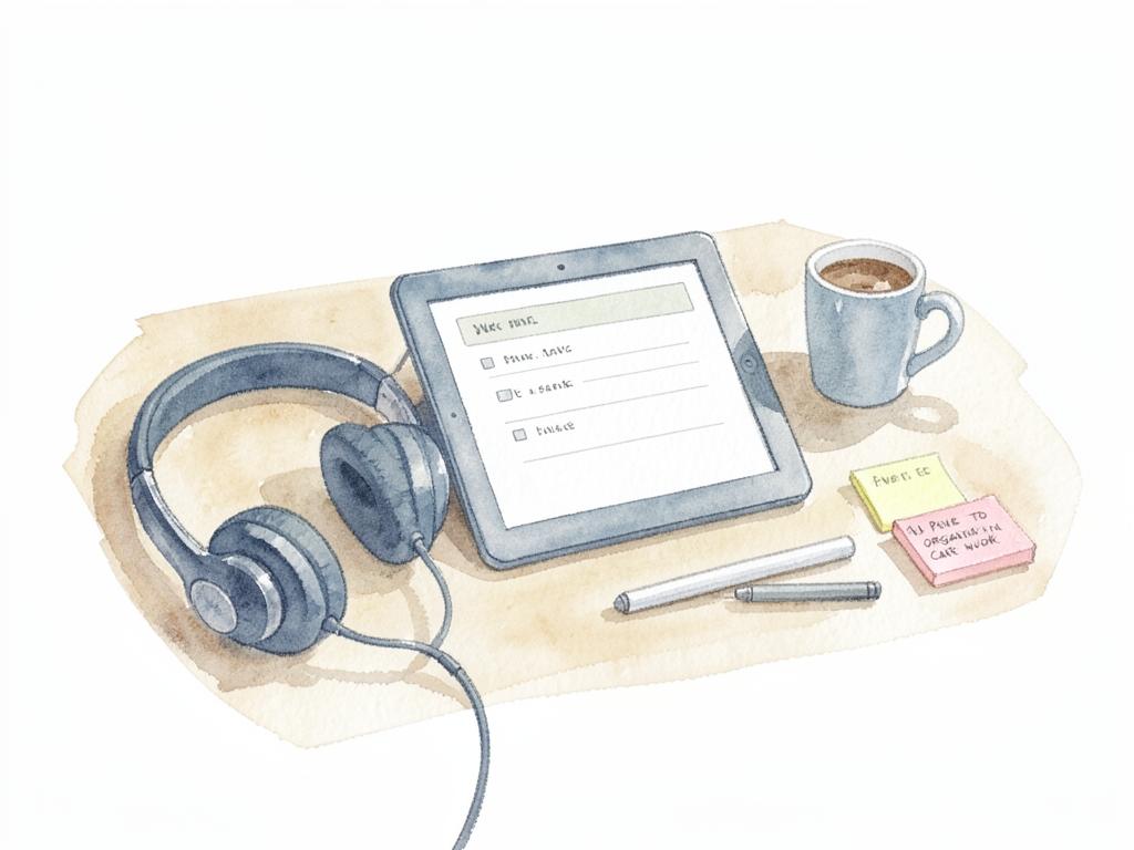 Watercolor of a coordinator's desk with a headset, a tablet showing a short task list and sticky notes.