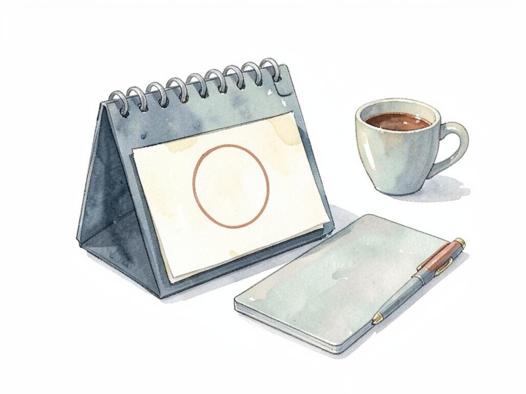 Watercolor of a desk calendar with one day circled, a notebook, a pen and a cup of coffee.