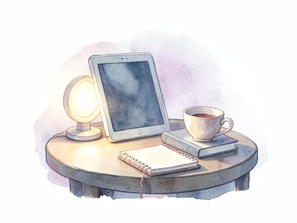 Watercolor of an evening side table with a tablet and a soft glowing lamp, standing for a quiet assistant.