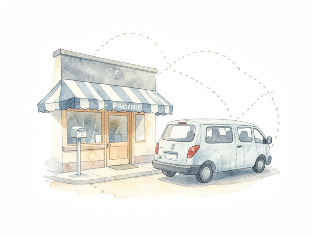 Watercolor of a neighborhood pharmacy, a shuttle van and a mailbox linked by soft dotted lines.