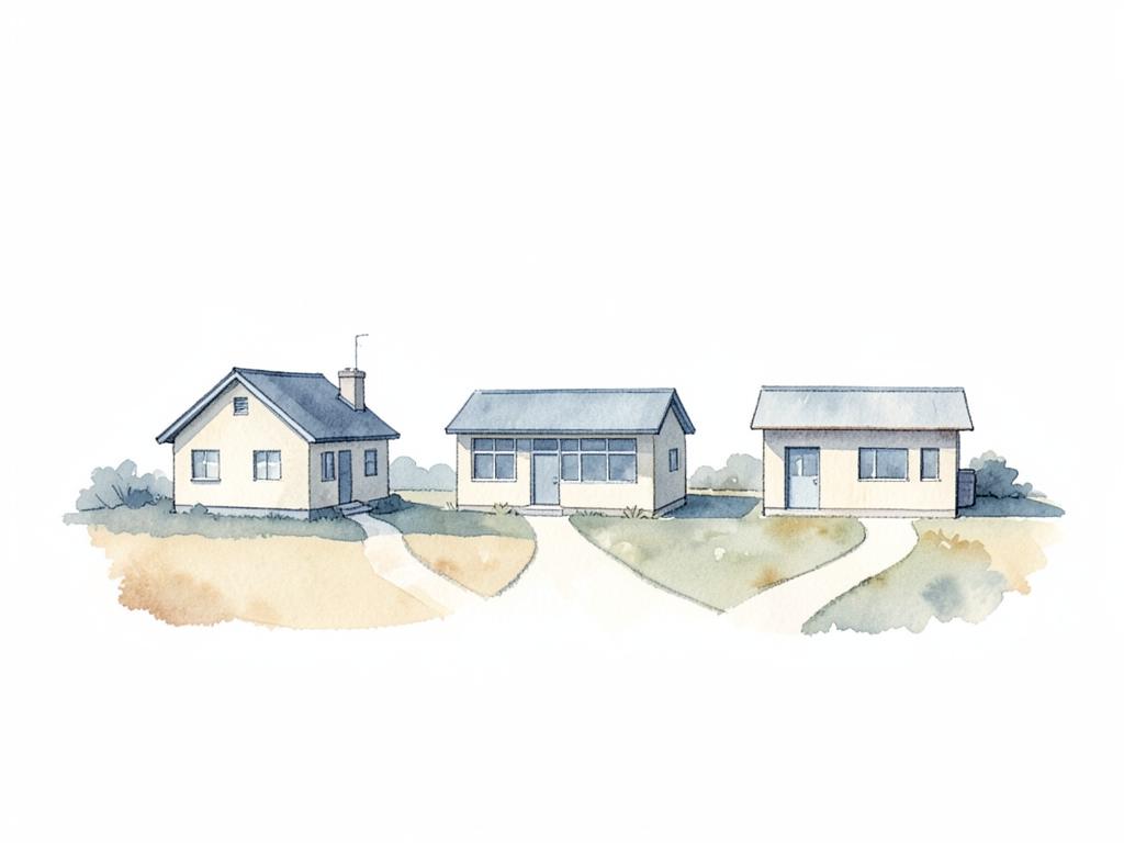 Watercolor of a house, an office and a clinic linked by soft paths.