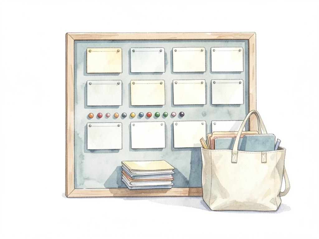 Watercolor of a scheduling board of blank cards with colored pins beside folders and a supply tote.
