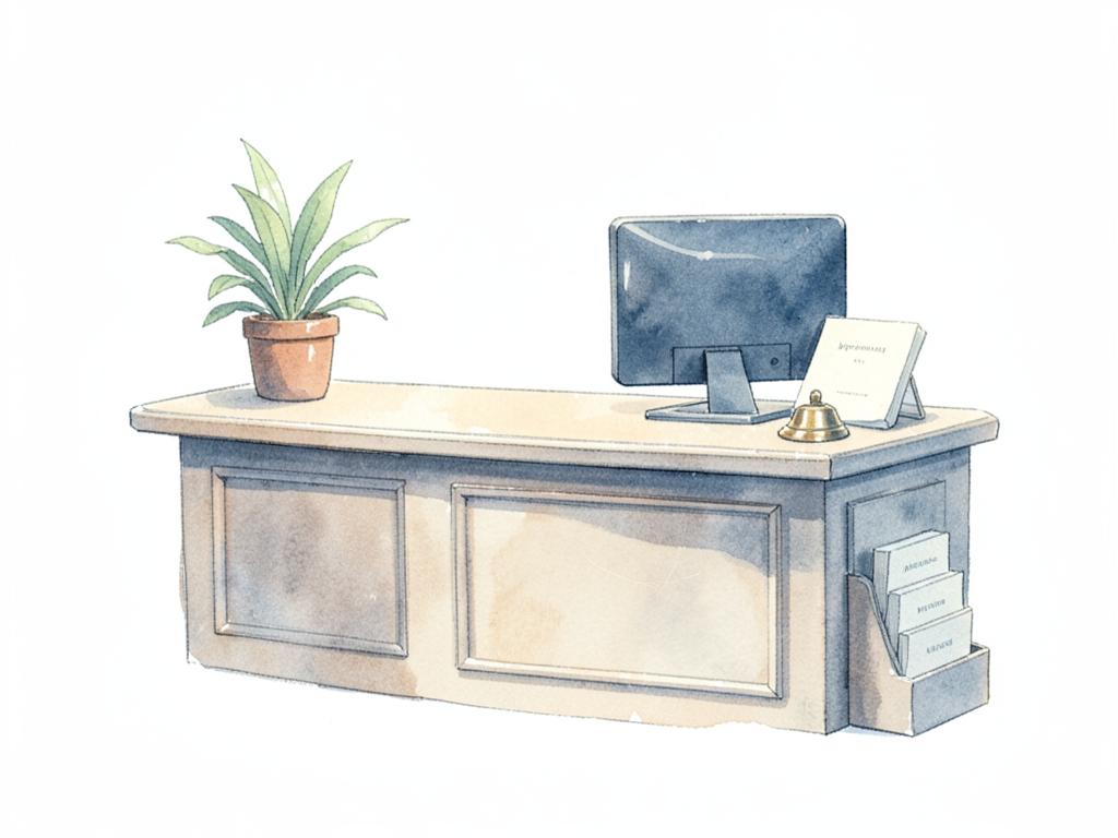 Watercolor of a tidy clinic reception counter with a bell, a monitor and appointment cards.