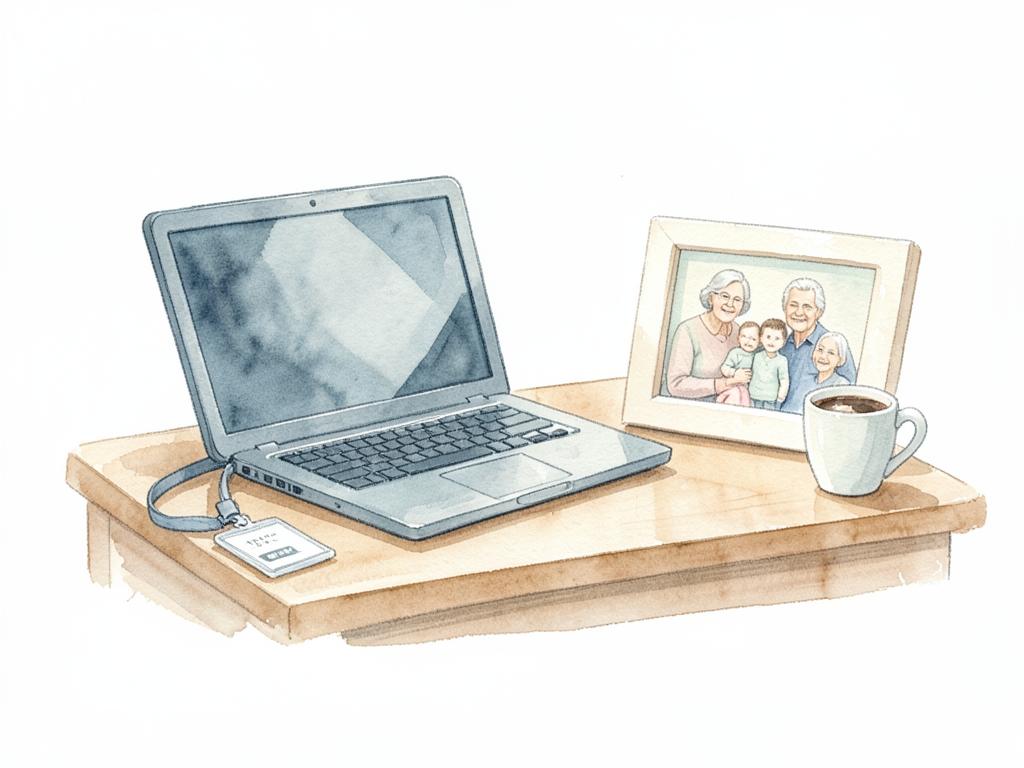 Watercolor of an office desk with a laptop, a badge, coffee and a framed family photo.
