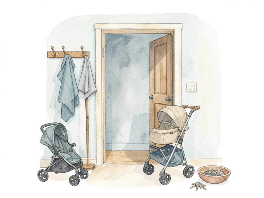 Watercolor of a family entryway with a coat rack, a stroller, a cane and a bowl of keys.