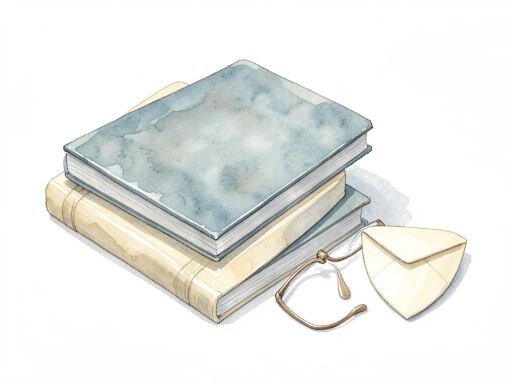 Watercolor of plain booklets, an envelope and reading glasses beside a simple shield shape.