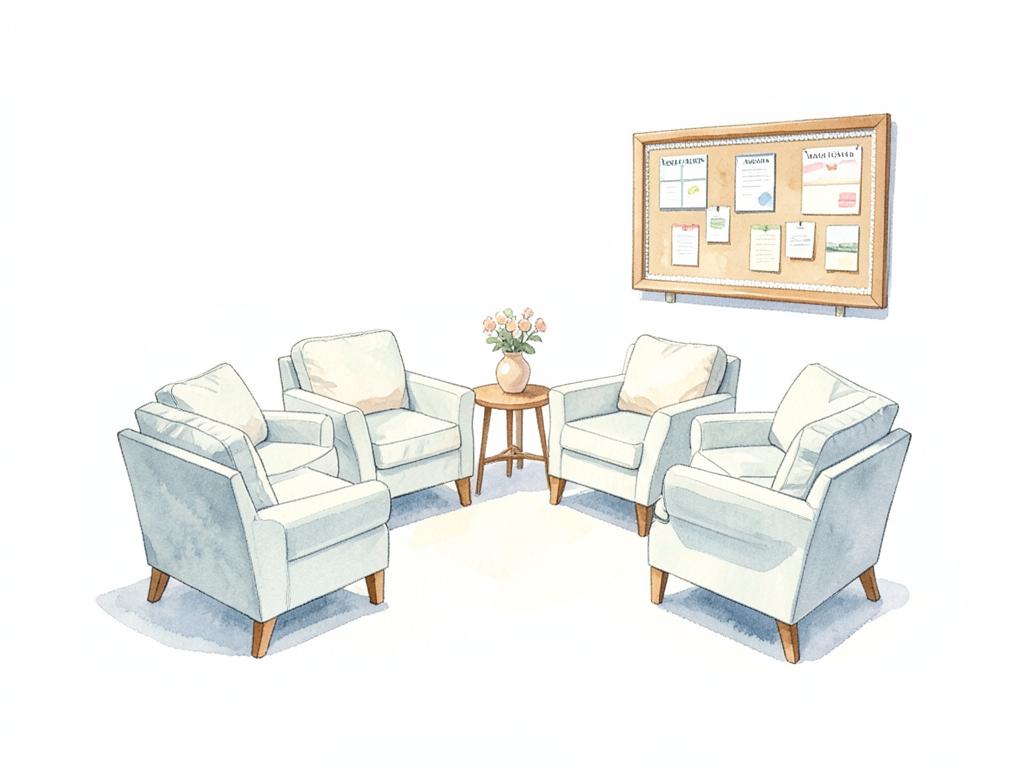 Watercolor of a bright community lounge with armchairs in a semicircle and a bulletin board.
