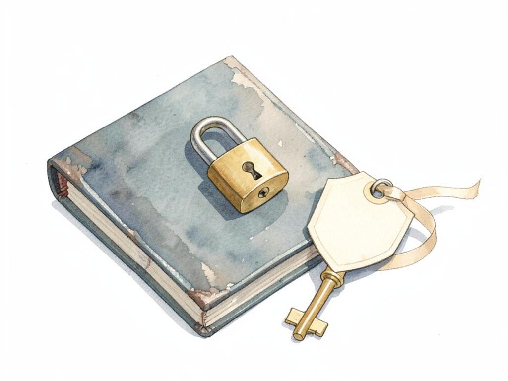 Watercolor of a small padlock resting on a closed folder beside a key on a ribbon.