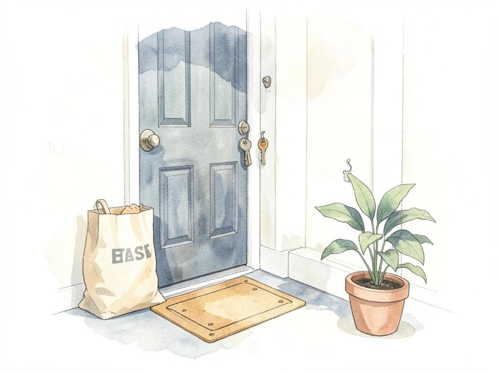 Watercolor of a front porch with a grocery bag by the door and a single key on a hook.
